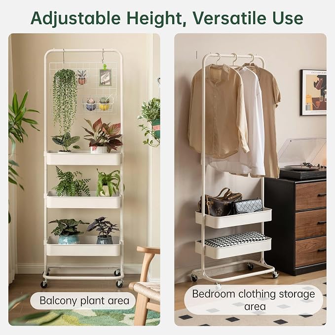 Tall 3 Tier Rolling Cart, Metal Storage Rack with Wheels for Indoor Spaces | Rust-resistant steel frame with adjustable tiers, locking wheels and 50 lbs shelves for flexible indoor organization. - Image 4