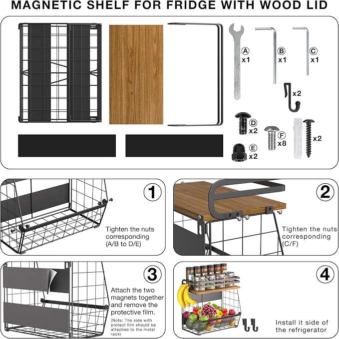 Magnetic Shelf for Fridge with Wood Lid, Large Capacity Magnetic Spice Rack for Refrigerator Kitchen Storage Bin for Fruit, Onion, Potatoes, Storage Organizer for Counter & Cabinet, Wire Basket - Image 8