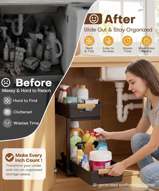 Homde Sliding Under Sink Organizer: 2-Pack Pull-Out Rack for Kitchen | 4 Easy-Access Baskets for Cluttered Cabinets - Busy Families Find Everything Instantly - Full-Extension Glide Design - Image 2