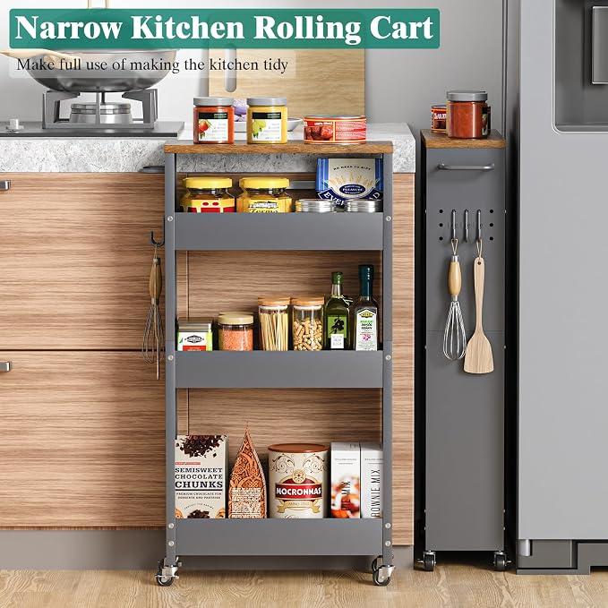 CHLORYARD Slim Storage Cart, 4-Tier Kitchen Rolling Cart Narrow Storage Cabinet with Handle & Wheels, Metal Rolling Shelf Unit for Kitchen Bathroom Laundry Small Places (5.9IN/ Gary/Brown) - Image 3