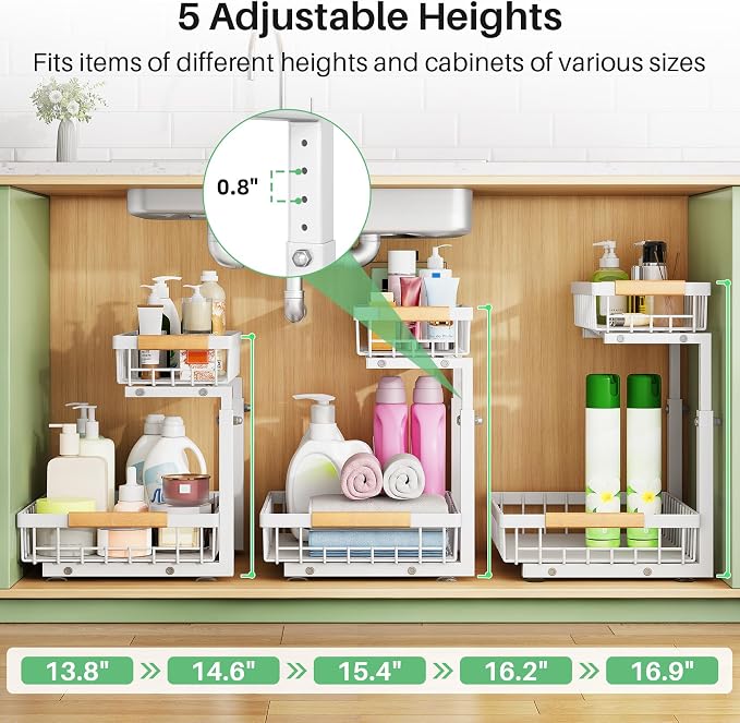 Kitstorack Under Sink Organizer, 2 Tier Under the Sink Storage, Slide out Pull out Cabinet Organizer Shelf, Metal Sliding Drawer for Kitchen Bathroom Pantry Closet Organization Rack, White, 2 Pack - Image 7