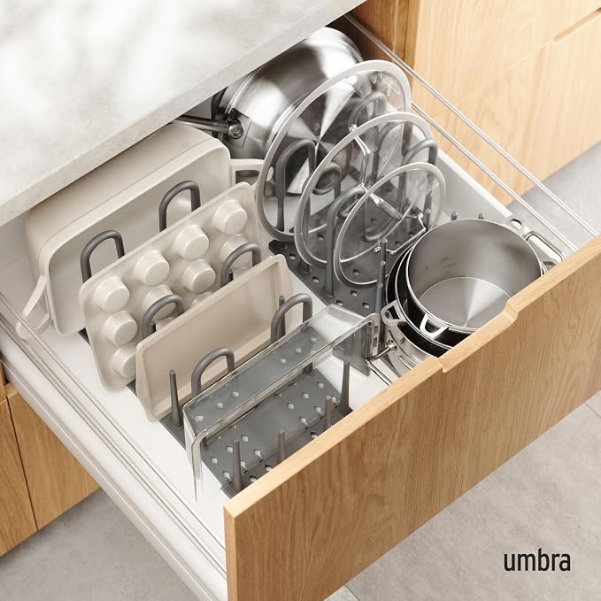 Peggy Kitchen Drawer Cupboard Organizer Tray - Adjustable Storage System For Food Containers, Cookware, Serveware, Utensils and More, Large, Grey | Adjustable peg system keeps cookware, containers, lids, utensils, and serveware organized - Image 2
