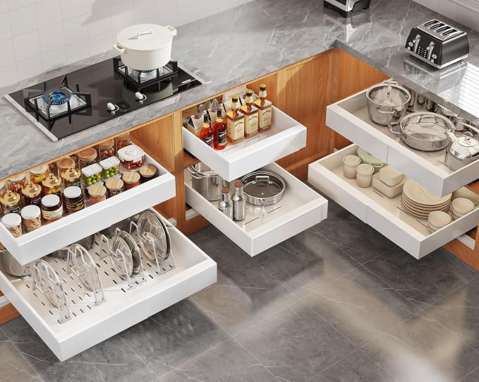 Seinloes 6 Pack Expandable Pull Out Cabinet Organizer 21"Deep With Raising Pad for Framed Cabinets,Slide Out Drawers With 4pcs Divider Racks,No Drill Roll Out Shelf,Adjustable Width 12.05"-20.4"White by Seinloes