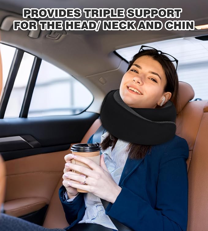 Travel Neck Pillow, Newly Upgraded Hooded Neck Pillow, 100% Pure Memory Foam Travel Pillow for Flight Headrest Sleep,Portable Aircraft Accessory,Suitable for use in Plane/Car/Office(Black) - Image 7