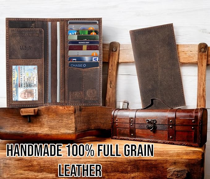 F&L CLASSIC Men's RFID Vintage Look Genuine Leather Long Bifold Wallet Checkbook Wallets,buffalo vintage leather - Image 5