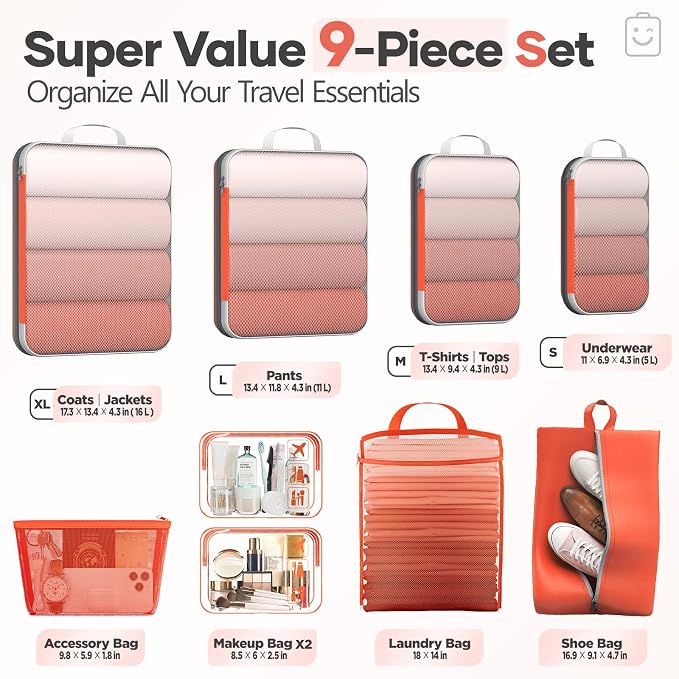 Veken 9/11 Set Compression Packing Cubes Garment Bags for Travel Essentials,Compressible Expandable Luggage Organizer Bags for Clothing,Space Saver Bags with Over 1000 pcs of Mesh Holes(Orange) - Image 2