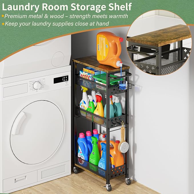 OKZEST Slim Laundry Room Organization Cart with Detergent Dispenser Holder | Holds tall bottles, Upgraded metal hub casters, 4-Tier space-saving narrow rolling cart, Premium wood & metal mesh shelves - Image 7