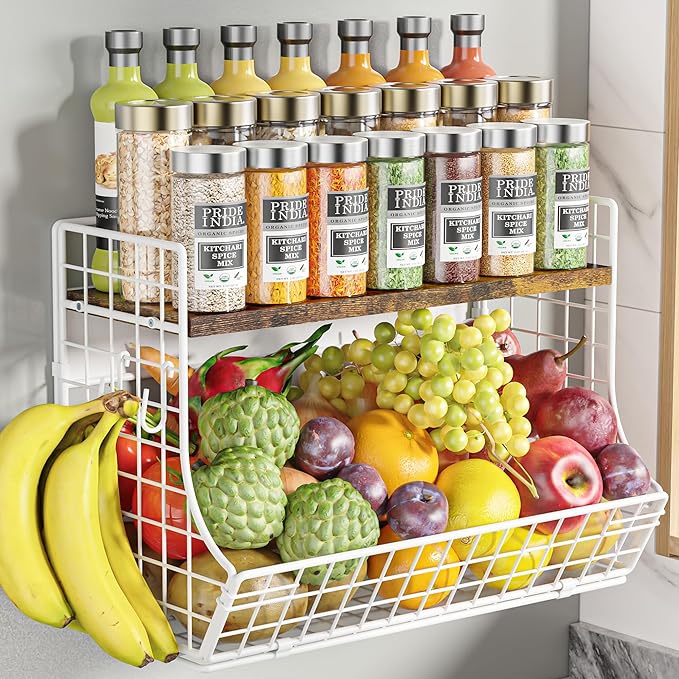 Magnetic Shelf for Fridge with Wood Lid, Fruit Potato and Onion Storage Bins, Pantry Organizers and Storage, Strong Magnetic Spice Rack for Refrigerator, Kitchen Counter and Laundry Room (X-Large) by Unknown