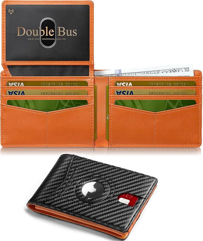Wallet for Men Slim RFID Blocking Bifold Carbon Fiber,Minimalist Small Compact Front Pocket Credit Card Holder,Thin Mens Leather Wallets Smart Security With 2 ID windows 1 Cash (Black & Orange) by Unknown