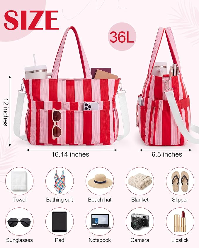 Kacctyen Striped Beach Tote Bag for Women Large Beach Foldable Tote Bag with Zipper Pockets for Travel Pool - Image 2