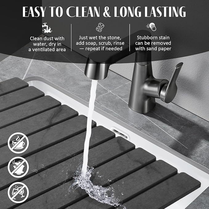 2 PCS Large Stone Dish Drying Mat for Kitchen Counter, 24"×16" Marble Dish Drying Mat with 8"x 4" Coasters, Non - Slip Collapsible Absorbent Mat for Multi - Purpose, Match Any Countertop - Grey - Image 6