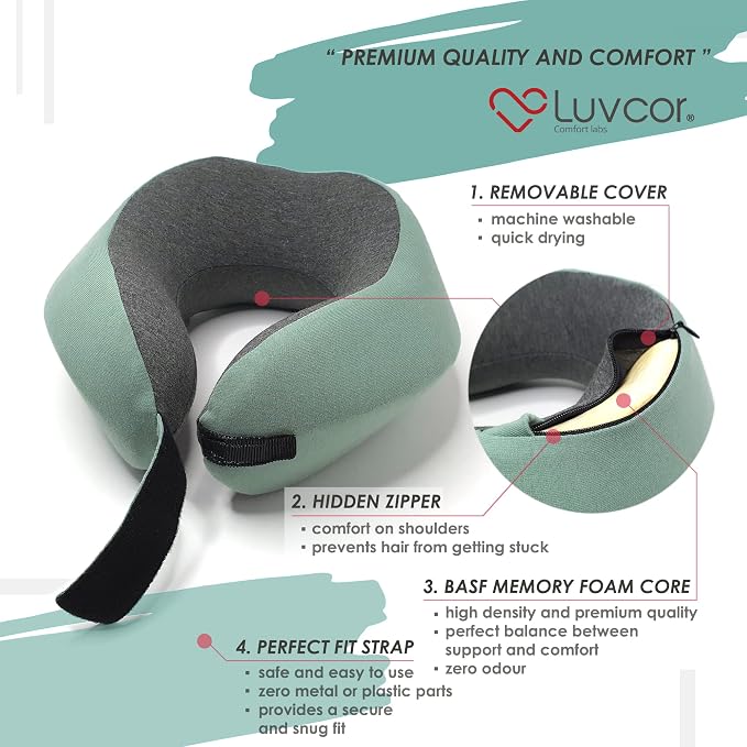 Premium Quality Memory Foam Travel Neck Pillow Bundle - Best Ergonomic Pillow for Airplane Travel, car Ride, Sleeping. Comes with Eye mask, earplugs and Storage Bag. (Imperial Green) - Image 3