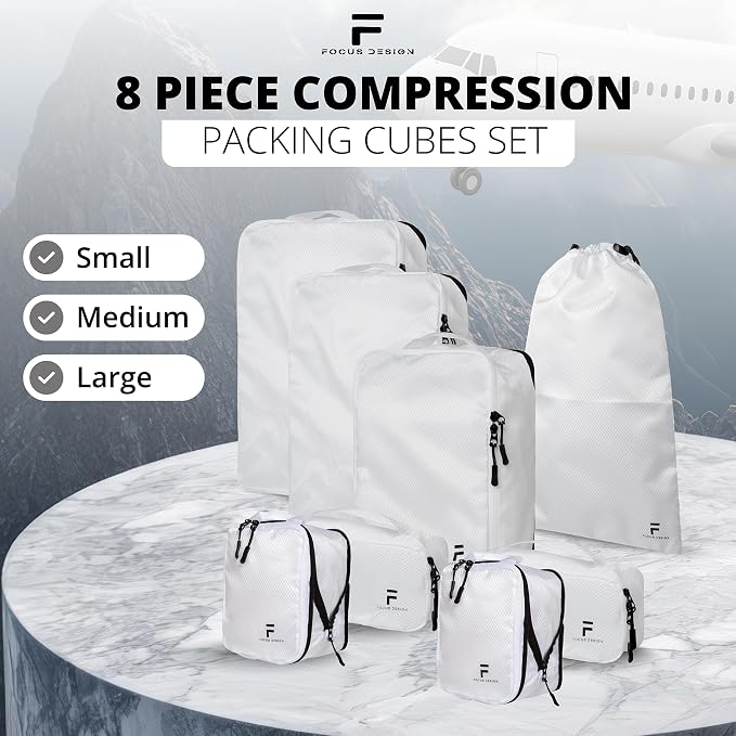 8 Piece Compression Packing Cubes Set - Double Capacity Design for Travel - Small, Medium & Large Sizes - Carry-On Suitcase Organizer Bags (White) - Image 2