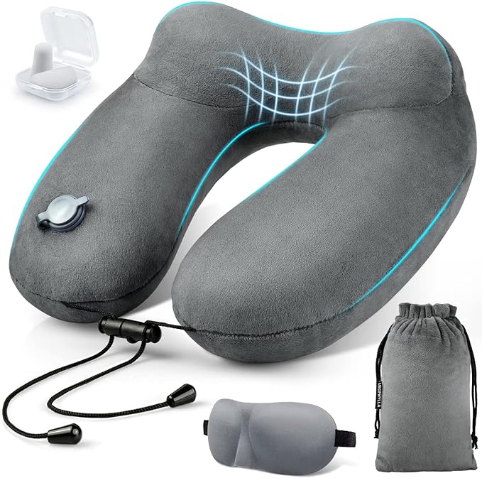 Inflatable Travel Neck Pillow for Airplanes, Super Soft Velvet Neck Support, Adjustable Firmness, Blow Up Plane Pillow for Long Flights, Road Trips, Travel Essentials with Eye Mask, Earplug by UROPHYLLA
