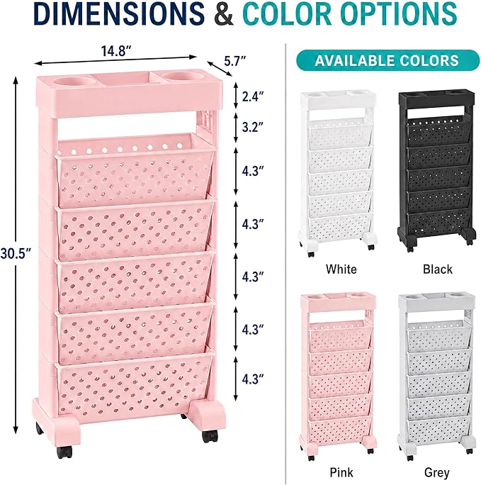 BYFU 6-Tier Movable Bookshelf Cart, Pink | Rolling Wheels, File Paper Storage Organizer, Mobile Bookcase, For Home Office Study Classroom - Image 3
