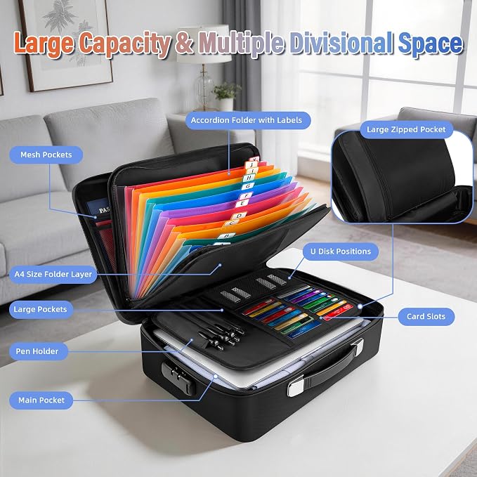 Fireproof Document Box with Lockable Zipper, Waterproof Hard-Shell Case, 13 Pockets Accordion File Folder, Multi-Layer Portable Travel, Home & Office Safe Storage Box for Important Papers, Cash (L) - Image 3