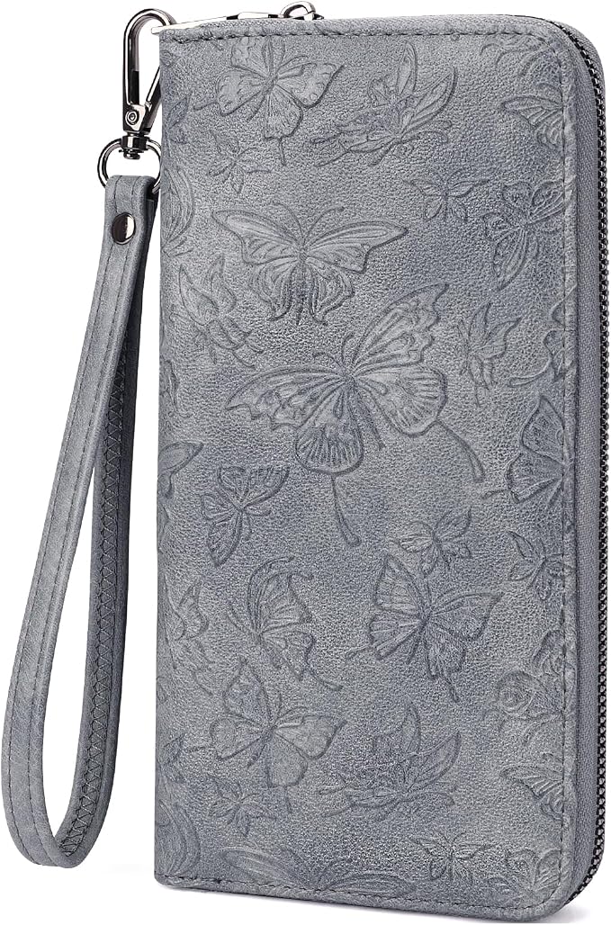 BELTANA Wallet Women RFID Blocking Large Capacity Wristlet Wallets for Women Butterfly Embossed Vegan Leather Clutch Purses with Card & Passport Holder (Blue-Butterfly) by BestSeller