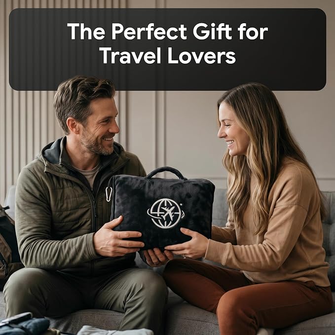 2-in-1 Travel Blanket and Pillow – Lightweight, Compact, Ultra Soft, Machine Washable – Handle, Luggage Sleeve, Backpack Clip – for Travel Airplane, Car, Office (Black) - Image 7