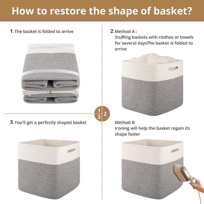 OIAHOMY 13 Inch Cube Storage Bins, 3-Pack Cotton Rope Woven Baskets for Organizing, Insert Storage Baskets for Shelves, Baby Nursery, Closet Organizer, 13 * 13 * 12.6IN, Grey & White - Image 7