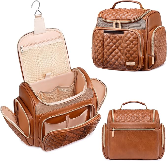 Large Leather Toiletry Bag for Women Men,Bathroom Bag,Water Resistant Shower Bag,Makeup Bag,Portable Shower Caddy for College Dorm,Hanging Travel Toiletry Bag with Transparent Waterproof Phone Pocket by Tealari