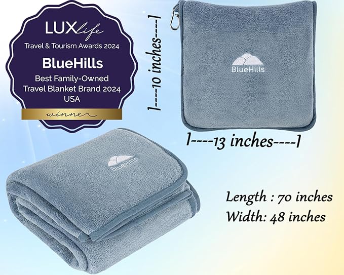 BlueHills Premium Soft Long Travel Blanket Airplane Throw - Grayish Blue | 70 X 48 Long Travel Blanket Pillow, Luggage Strap & Backpack Clip, Large Compact 2 in 1 Throw Airplane Traveling Essentials - Image 5