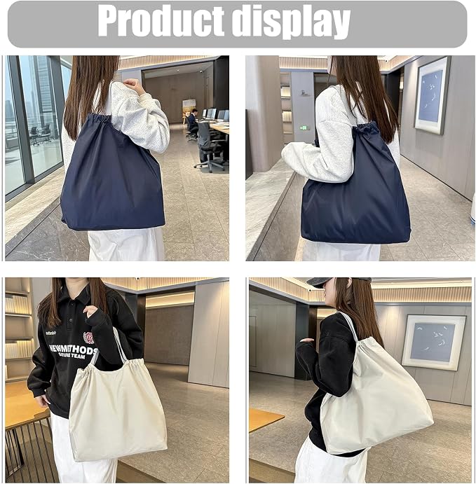 2 PC Foldable Reusable Shopping Bags - 210D Nylon Waterproof Grocery Tote Bag with Drawstring Mouth & Reinforced Handle - Image 2