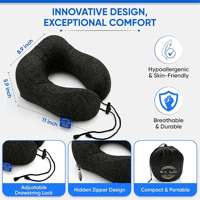 W.S. Sells Travel Neck Pillows for Airplanes - Pure Memory Foam with Ergonomic Design & Breathable Fabric - Travel Pillows for Airplanes & Cars - Set of Travel Essentials with Sleep Mask & Ear Plugs - Image 5