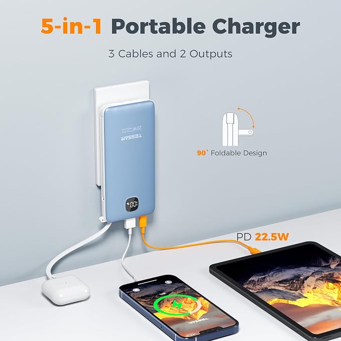TESSAN Portable Charger with Built in Cables, 10000mAh Power Bank Fast Charging with Foldable AC Plug, PD20W Compact Battery Pack Travel Essentials for iPhone 17/16 Series, Samsung, Tablets, Blue | PD20W USB C Fast Charging with Foldable AC Outlets, Tr... - Image 2