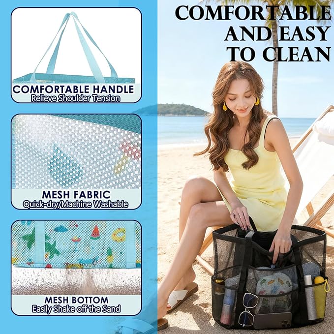 Fammart Mesh Beach Bag for Women, Large Beach Toy Pool Bag with Zipper Pocket, SandProof Cruise Essentials 2026 Family Travel - Image 6