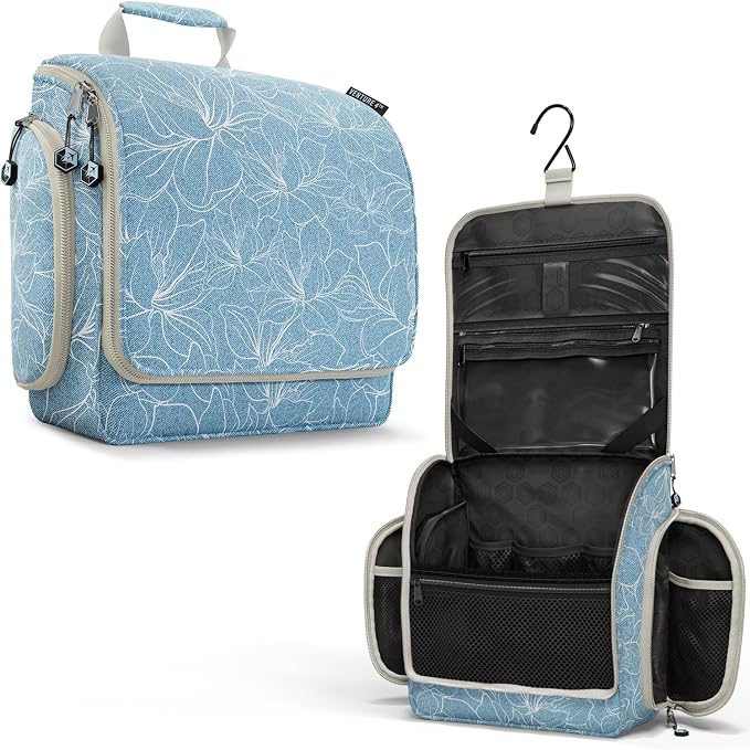 VENTURE 4TH Hanging Travel Toiletry Bag, 17 Compartments - Blue Flowers | Hangs on rails, hooks or doors; stands upright too. Removable TSA pouch. Water-resistant 900D Nylon, reinforced stitching. by VENTURE4TH