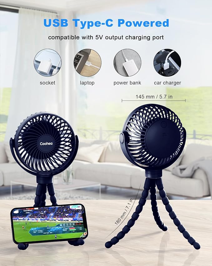 Coohea Clip on Stroller Fan, Rechargeable Long-Lasting Power Wind Fan | 4000mAh Battery Operated, 360° Rotatable Flexible Tripod, 3 Adjustable Speed, Portable Fan for Car Crib Backseat Beach Travel - Image 6