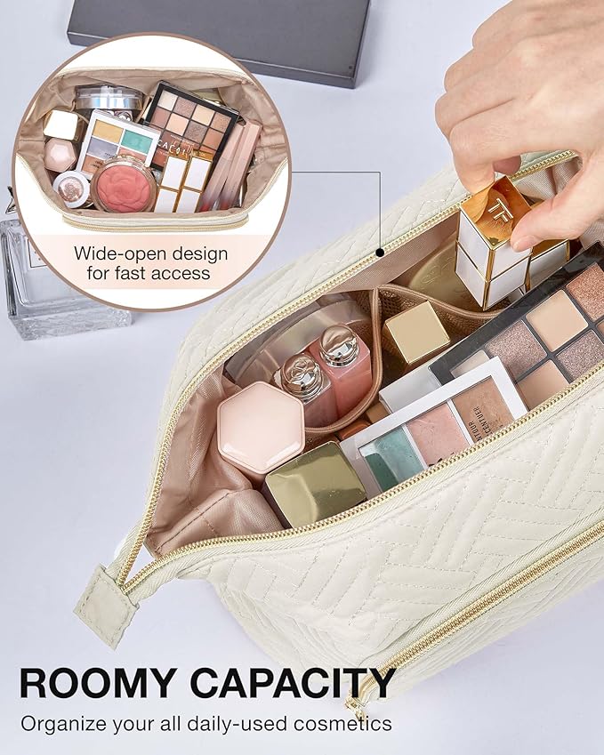 BAGSMART Travel Makeup Bag, Cosmetic Bag Small Make Up Organizer Case,Wide-open Pouch for Women Purse for Toiletries Accessories Brushes,Small Beige - Image 2