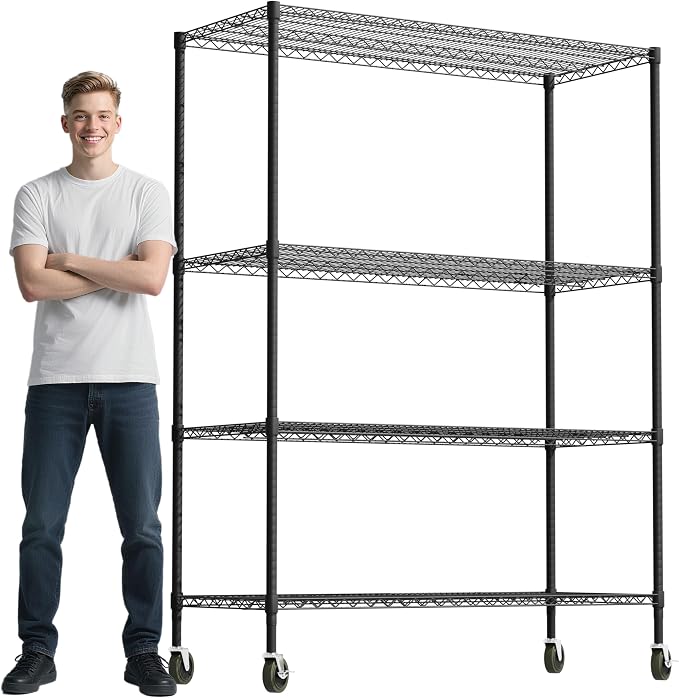 Whitmor 4 Tier Storage Shelves with Wheels, Heavy Duty Metal Shelving Unit, 625 lbs Capacity per Shelf, 2500 lbs Total for Kitchen, Garage, Plant, 55" L x 24" W x 72" H, Black by Whitmor
