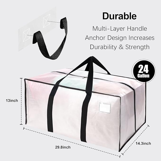 VELVETSURE 12 Pack Heavy Duty Large Moving Bags W/Backpack Straps - Strong Handles & Zippers, Storage Totes For Space Saving, Fold Flat, Alternative to Moving Box and Storage Bin, Semi-Transparent - Image 2