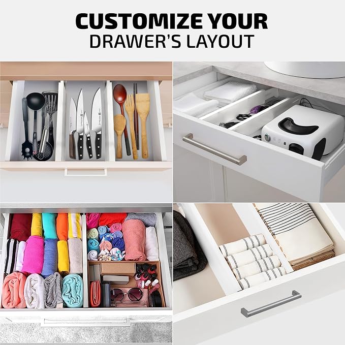 4-Pack Drawer Divider - 2.6" High, 16" to 22" Adjustable Bamboo Drawer Organizers for Clothes, Expandable Dresser Separators in Bedroom/Bathroom/Kitchen/Office Organization and Storage (White) - Image 7