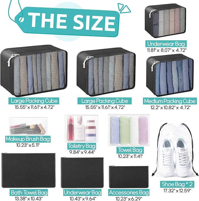 ALL INCLUDED - 12 Set Packing Cubes for Suitcases Carry On, Travel Essentials/Accessories Luggage Organizer Bags Set, Includes Cubes, Shoes Bag, Matte Cosmetic Bag, Zipper Bags - Image 7
