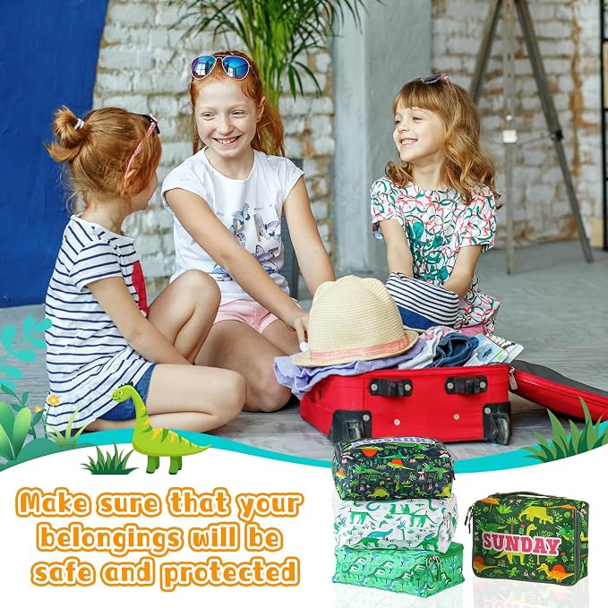Paterr 7 Pcs Days of Week Packing Cubes for Kids Travel Compression Packing Cubes Colorful Luggage Organizers Suitcase Camp(Dinosaur) - Image 5