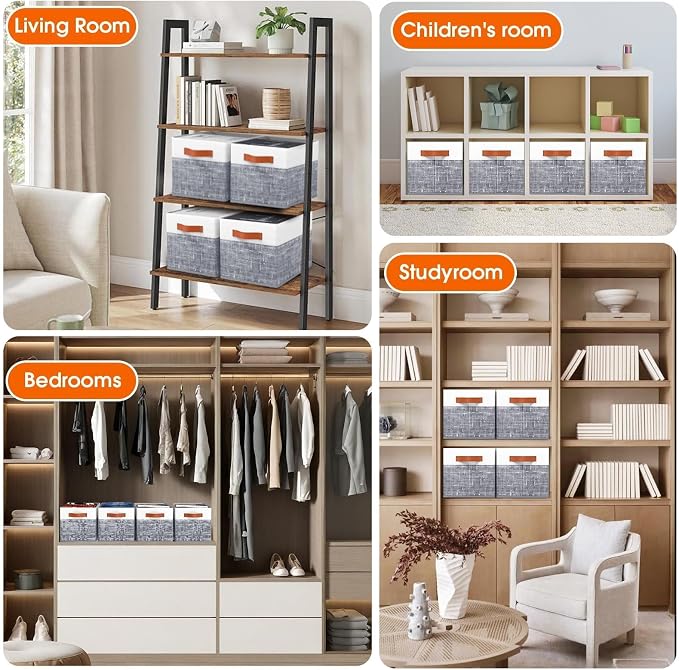Collapsible Storage Baskets for Shelves,14"x10", 4 Pack Foldable Fabric Storage Bins with Double Leather Handles, Large Baskets for Organizing Books, Clothes, White & Grey - Image 5
