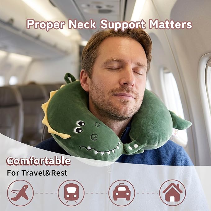 Memory Foam Travel Neck Pillow for Teens and Adults, Crocodile Design | Removable cover, machine washable, 360-degree head & chin support, 17 in neck size for teens and adults, car & airplane use - Image 6
