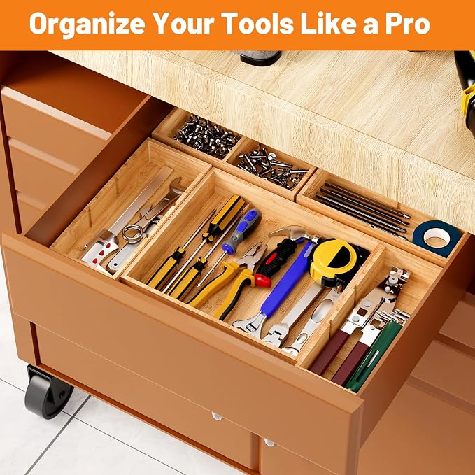 Bamboo Drawer Organizer, 5-Piece Stackable Trays with Removable Dividers | Junk drawer organizer, assorted tray sizes, 5-11 customizable compartments, nestable, kitchen utensils, bathroom, office - Image 8
