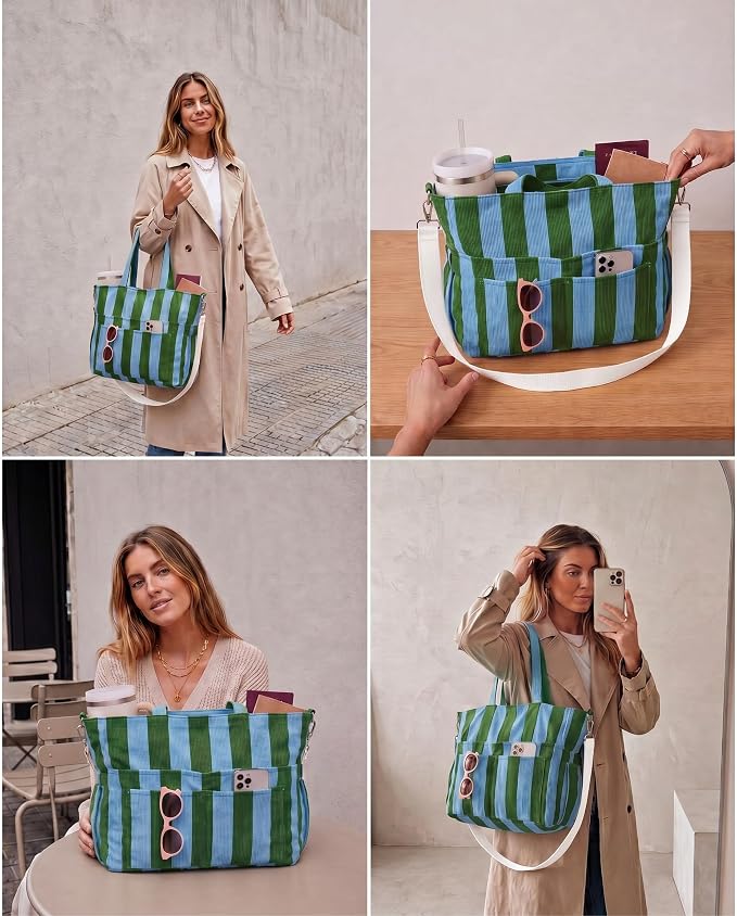 Kacctyen Striped Beach Tote Bag for Women Large Beach Foldable Tote Bag with Zipper Pockets for Travel Pool - Image 2
