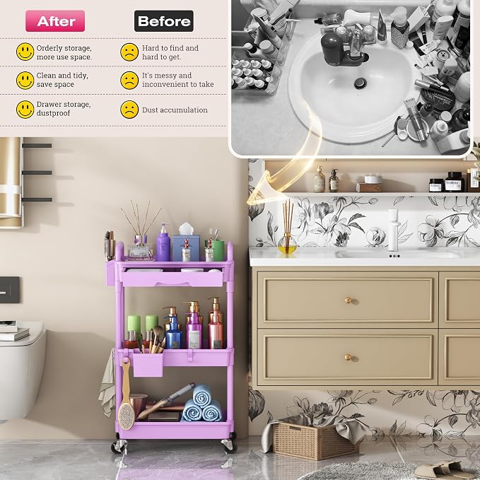 Goovilla Rolling Makeup Organizer Cart with Removable Drawer, 3 Tier Purple | Stable Floor Skincare Storage Cart for Vanity, Cosmetic Display, Nail Polish, Perfume, Hair Stuff, Beauty, Bathroom(Plastic) - Image 7