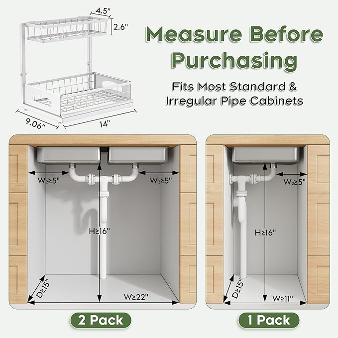 Under Sink Organizer, 2-Pack L-Shaped Metal Pull-Out Drawers for Kitchen | Cabinet Organizer Height Adjustable Heavy Duty Metal 2-Tier Storage Fits Beside Common Pipes for Bathroom Pantry - Image 2