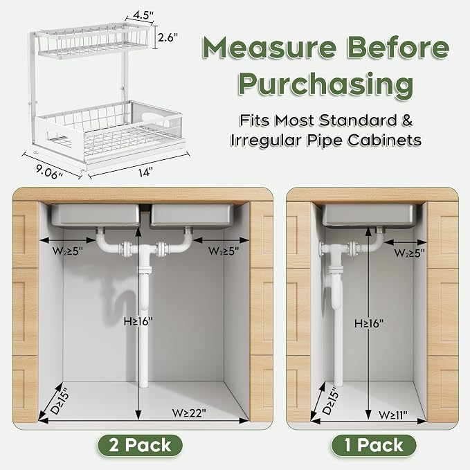 Under Sink Organizer, 1-Pack L-Shaped Metal Pull-Out Drawers for Kitchen | Cabinet Organizer Height Adjustable Heavy Duty Metal 2-Tier Storage Fits Beside Common Pipes for Bathroom Pantry - Image 2
