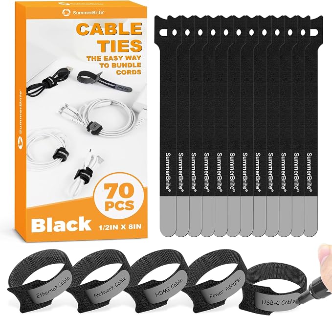 SummerBrite 70 Pack Black Cable Ties 8 Inch with Writable Labels, Reusable Cord Organizer Straps, Hook & Loop Wire Management for Extension Cords, Garage Tools, Power Strips & Heavy Duty by Summerbrite
