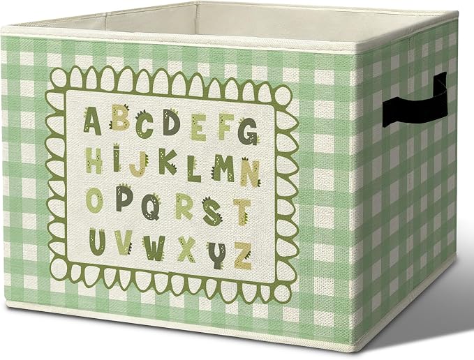 Dinosaur Alphabet Classroom Storage Bins Box with Handles Organizer Basket | ABC educational foldable basket for organizing, green gingham collapsible toys clothes for nursery bedroom playroom, 10x14 in by Unknown