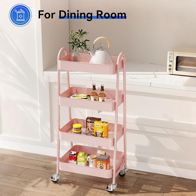 OLIXIS Metal 4 Tiers Rolling Storage Utility Cart with Lockable Wheels | Mobile Organizer Shelf, Space-Saving, Freestanding, Bathroom, Living Room, Slim, Narrow Corner Spaces, Pink - Image 6