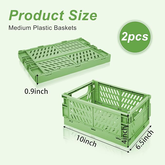 2 Pack Mini Foldable Small Plastic Baskets for Organizing and Storage，Collapsible Storage Crates,Mini Bins for Home Kitchen Bedroom Bathroom Office (Green, Large 10x6.5x4) - Image 2