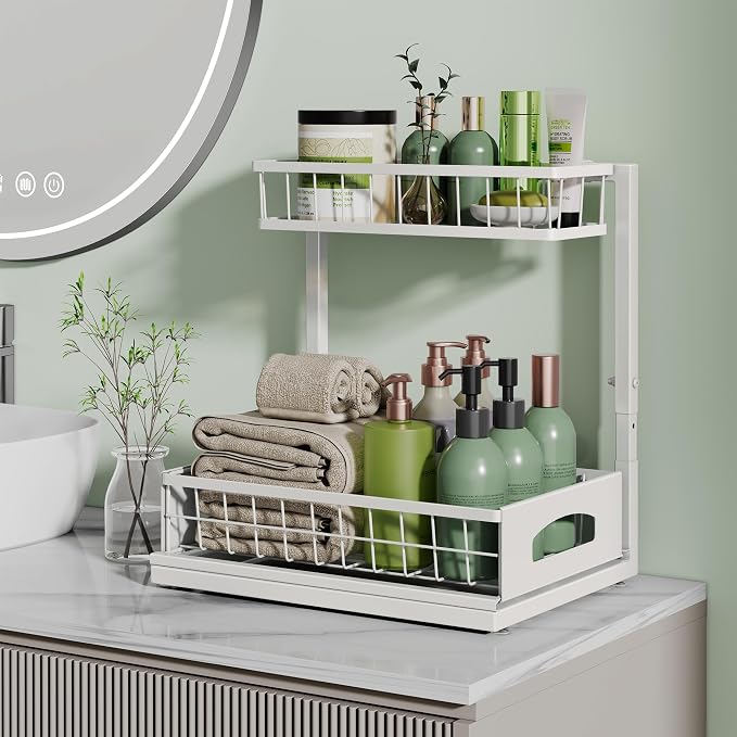 Under Sink Organizer, 1-Pack L-Shaped Metal Pull-Out Drawers for Kitchen | Cabinet Organizer Height Adjustable Heavy Duty Metal 2-Tier Storage Fits Beside Common Pipes for Bathroom Pantry - Image 7
