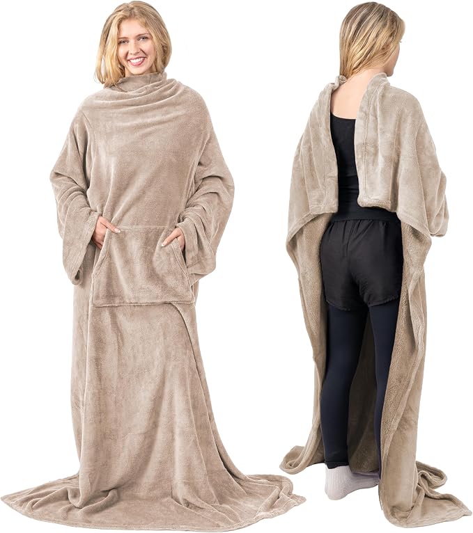 PAVILIA Blanket with Sleeves for Adult Women Men, Soft Warm Wearable Blanket Fleece Wrap Throw, Robe Blanket Gift by PAVILIA